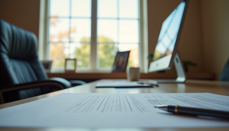 Eye-level view of a title company office with documents and a computer on the desk