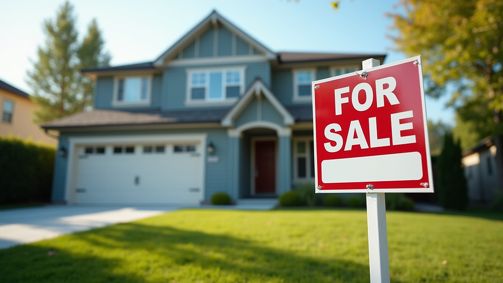 Eye-level view of a modern house with a "For Sale" sign in front