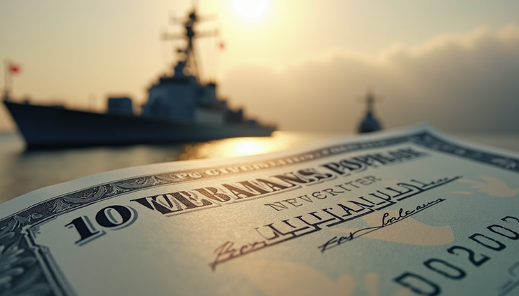 Eye-level view of a government bond certificate with a warship silhouette in the background
