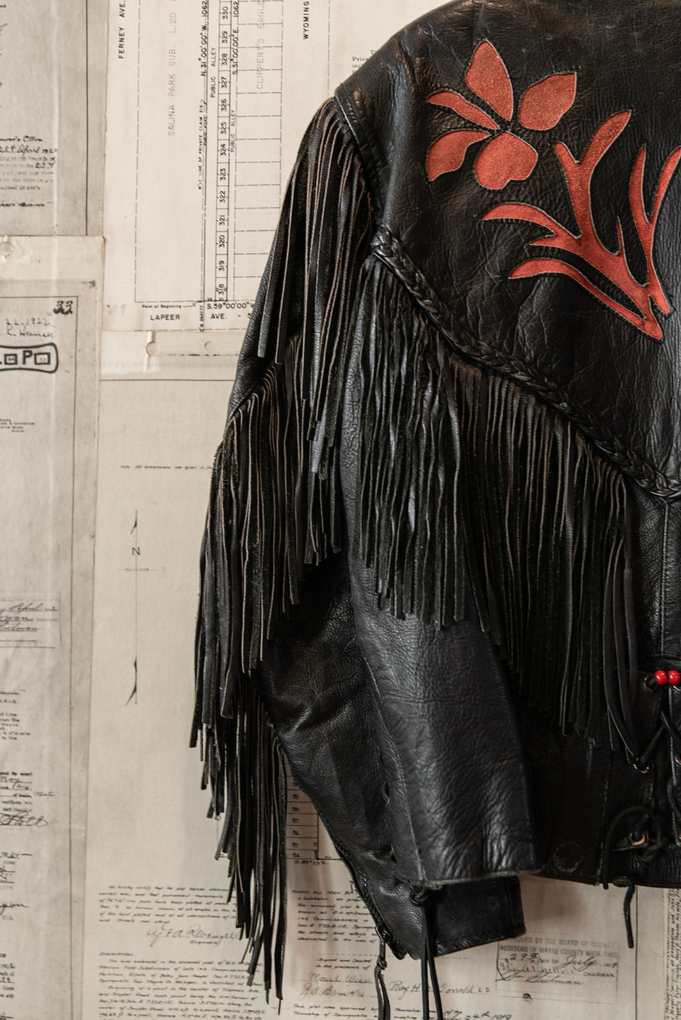 Thumbnail: Red Floral Black Leather Fringe Motorcycle Jacket