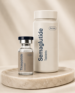 semaglutide and tirzepatide bottles on display tray