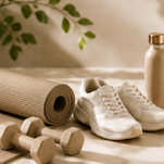 Fitness gear, sneakers, weights, bottle, yoga mat