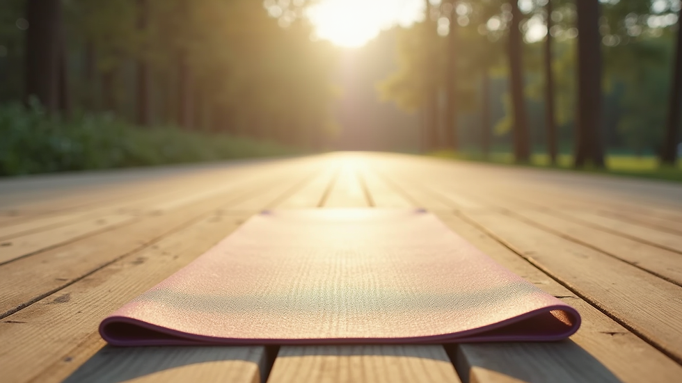 Vue rapprochée d’un tapis de yoga posé sur un sol en bois clair