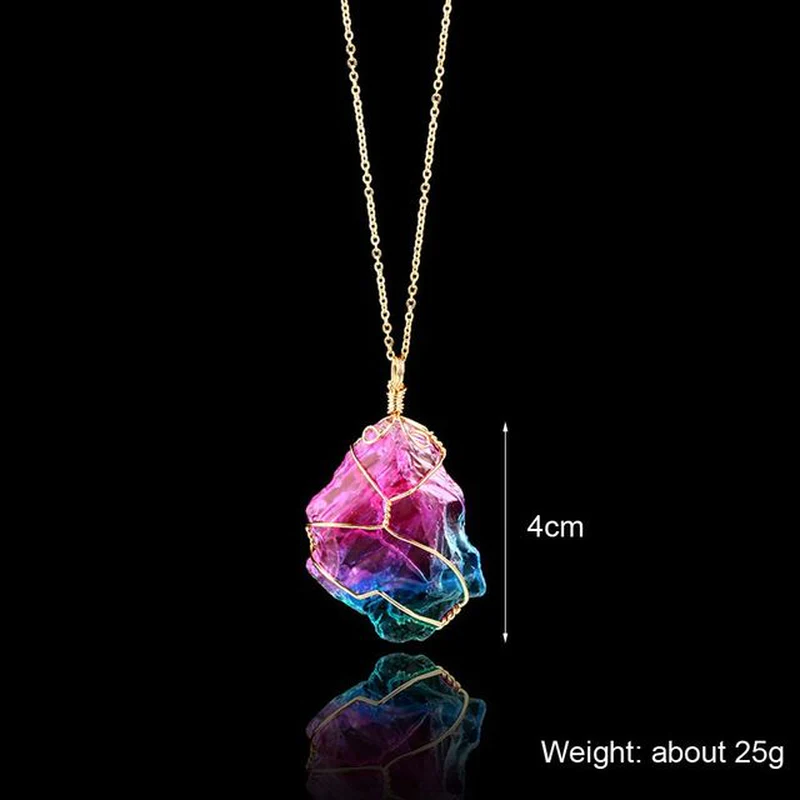 サムネイル： 1Pc Irregular Rainbow Stone Natural Crystal Chakra Rock Necklace Golden Plated Q