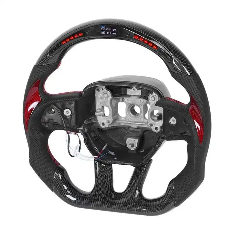 Thumbnail: LED Real Carbon Fiber Steering Wheel Perforated Leather Red For Dodge Challenger