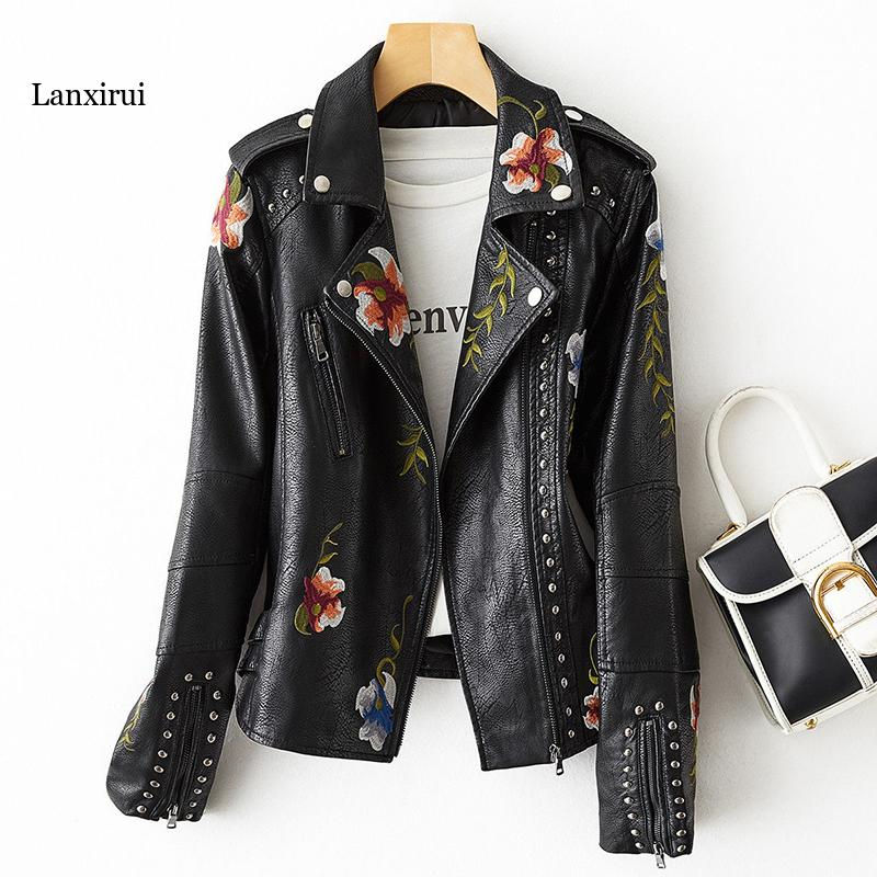 Thumbnail: New Women Retro Floral Print Embroidery Faux Soft Leather Jacket Coat Turndown 
