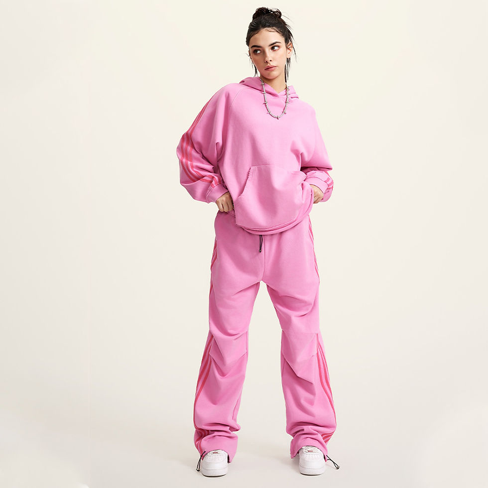 Thumbnail: (Pink)Streetwear Unisex Heavyweight 440G Vintage Three Bar Contrast Wide-Legged 