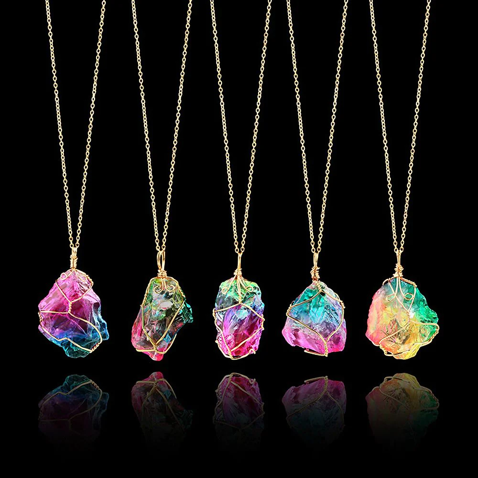 Thumbnail: 1Pc Irregular Rainbow Stone Natural Crystal Chakra Rock Necklace Golden Plated Q