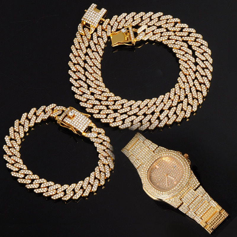 Miniatura: Necklace +Watch+Bracelet Hip Hop Miami Curb Cuban Chain Silver Color Full Iced 