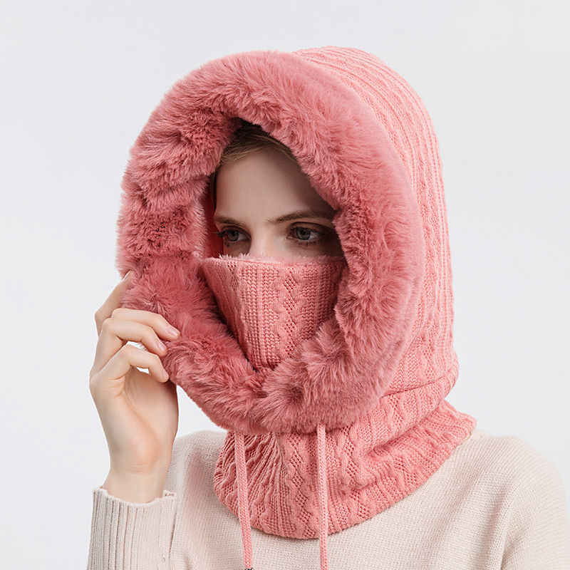 Thumbnail: Winter Thick Plush Hat With Scarf Windproof Warm Knit Hats Hooded For Women