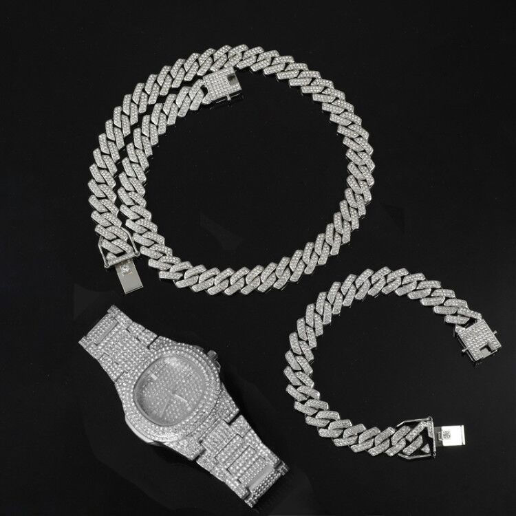 Thumbnail: Collar, reloj y pulsera de Hip Hop para hombre, cadena cubana de Miami 