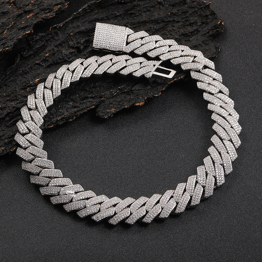European And American Jewelry 20mm Three Rows Of Zircon Rhombus Cuban Chain Thi