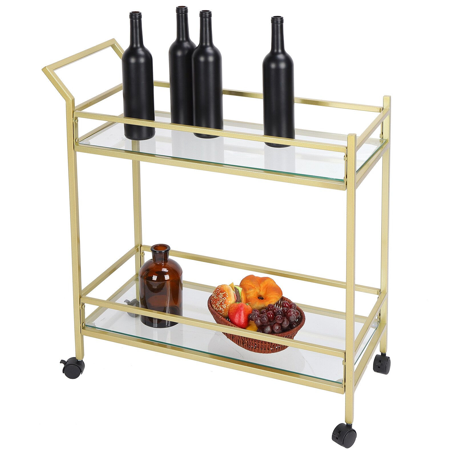 Movable Bar Trolley Multifunction two layer tempered glass shelf Bar Serving 
