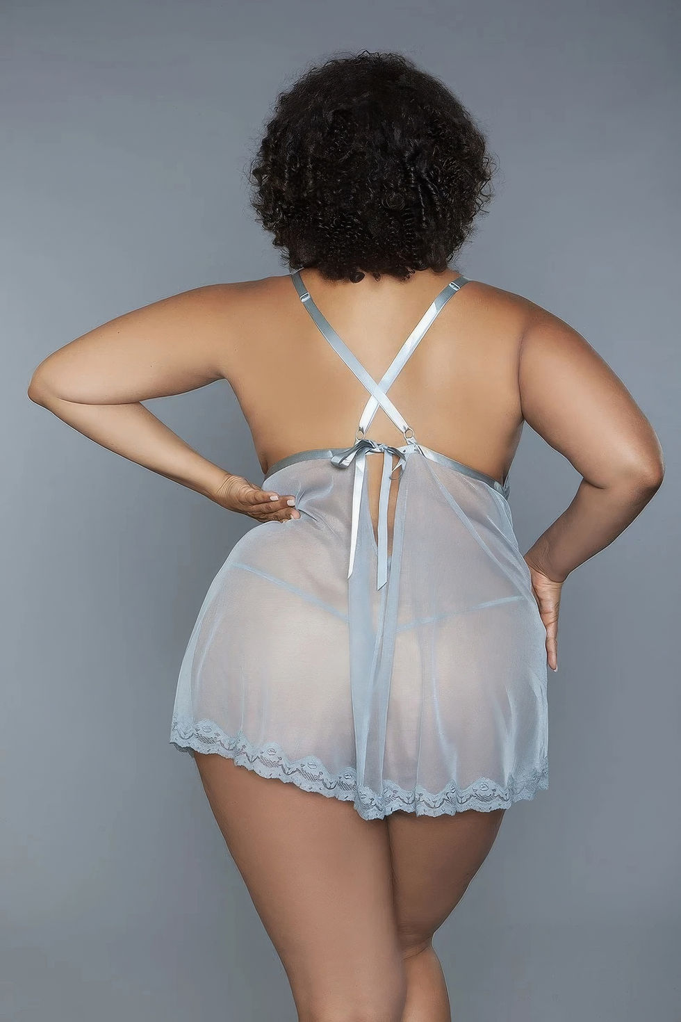 Miniature : 2 Pc Unlined Lace Cups Babydoll Sheer Mesh And Lace Front Panels Design