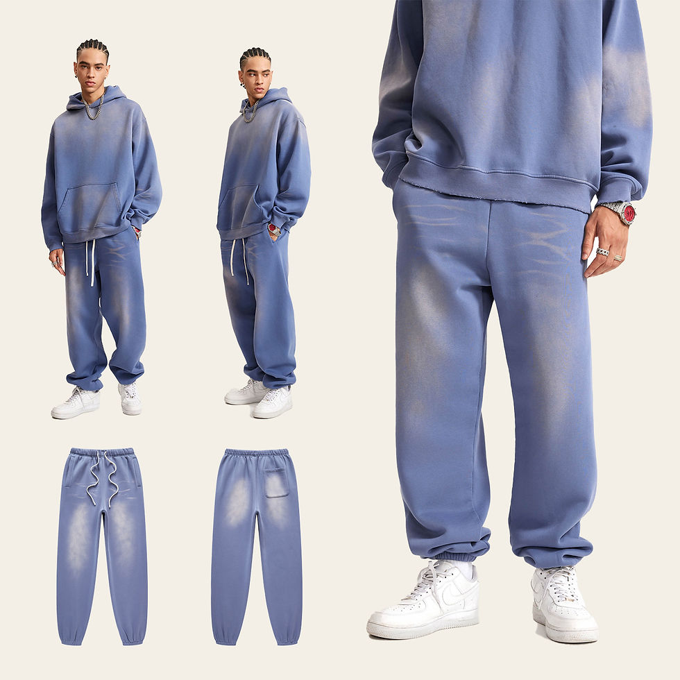 Pikkukuva: (Denim Blue)Streetwear Unisex Monkey Washed Dyed Fleece Joggers