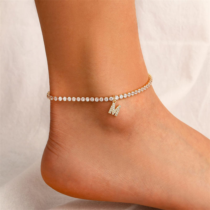 Thumbnail: Bohemia Vintage Rhinestone 26 Letter Anklet For Women Summer Beach Initial Ankle