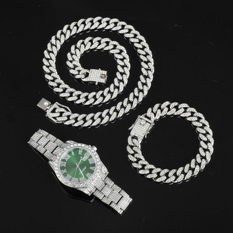Thumbnail: Hip Hop 13MM 3PCS KIT Watch+Necklace+Bracelet Bling Crystal AAA+ Iced Out Cuban 