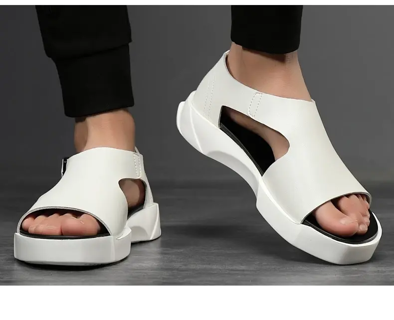 サムネイル： New White Black Cow Spilt Leather Men Sandals Platform Summer Roam Men Shoes Tre