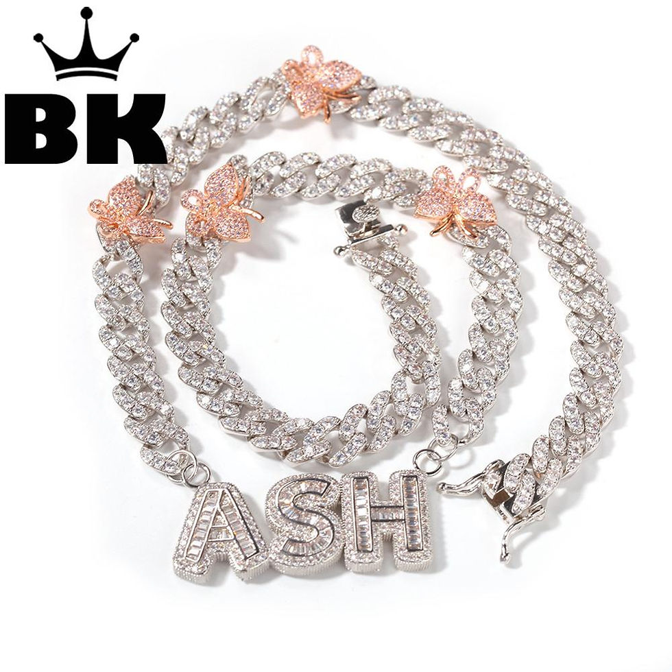 Thumbnail: The Hiphop Name Necklace 9mm Cuban Chain With Pink Butterfly Baguettecz 