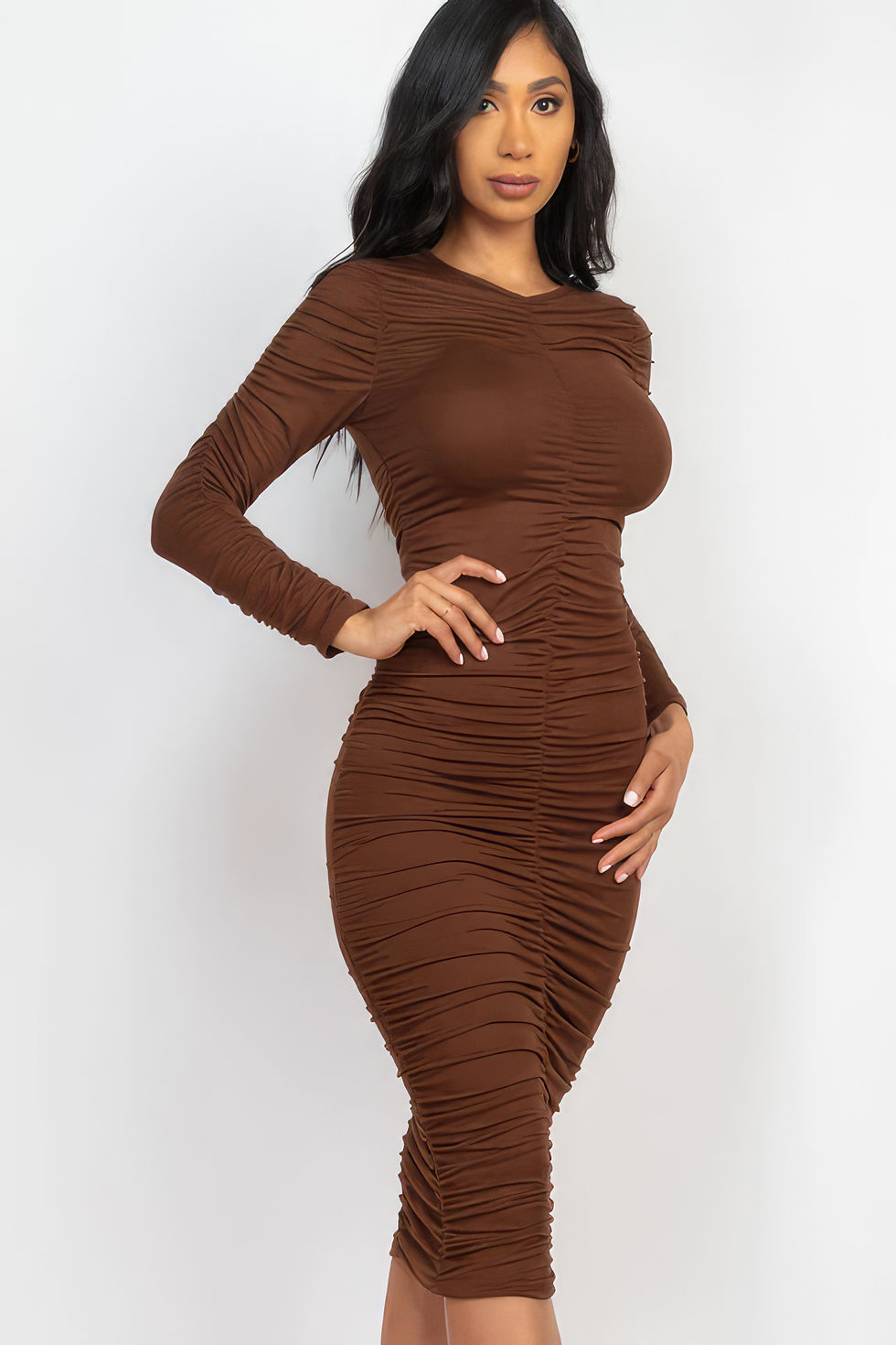 Thumbnail: Ruched Long Sleeve Midi Dress