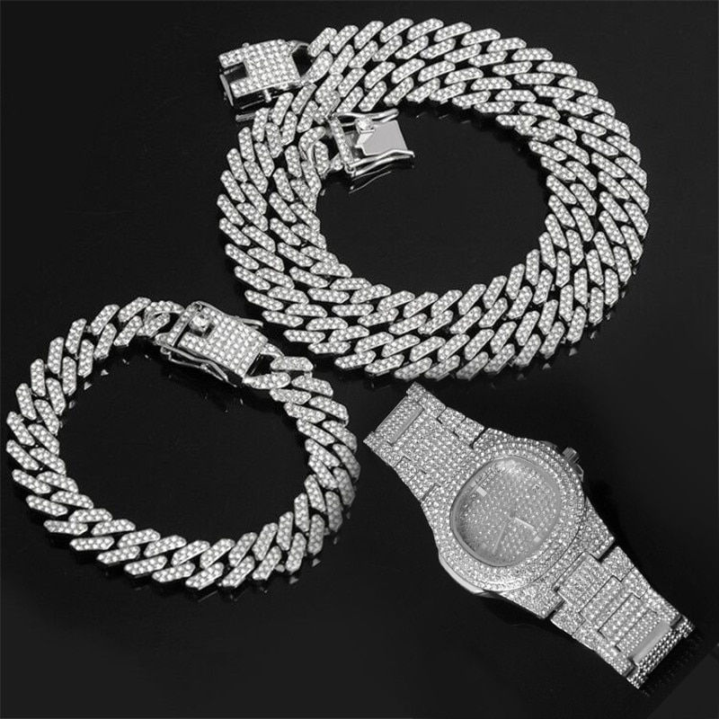 Miniatura: Collar, reloj y pulsera de Hip Hop para hombre, cadena cubana de Miami 