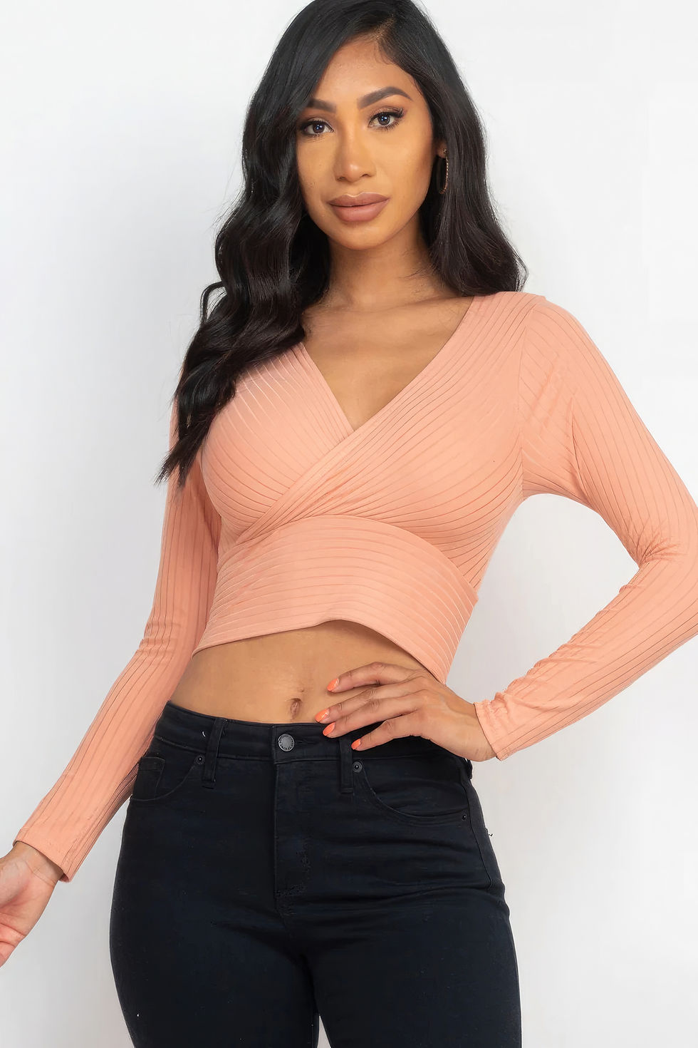 Thumbnail: Ribbed Wrap Front Long Sleeve Top