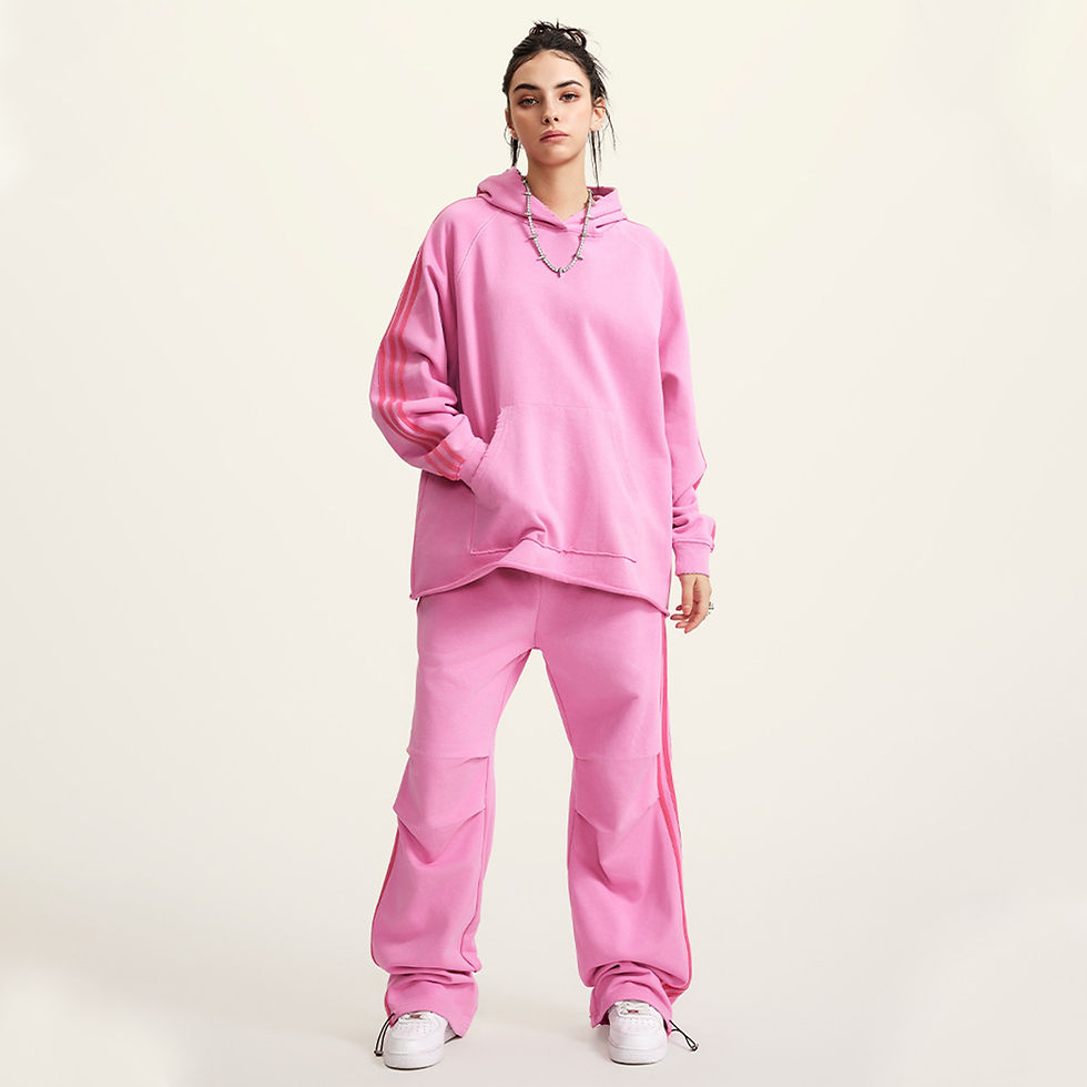 Thumbnail: (Pink)Streetwear Unisex Heavyweight 440G Vintage Three Bar Contrast Wide-Legged 