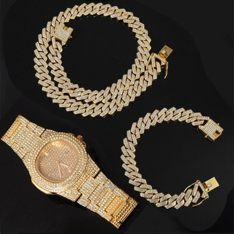 Miniatura: Necklace +Watch+Bracelet Hip Hop Miami Curb Cuban Chain Silver Color Full Iced 