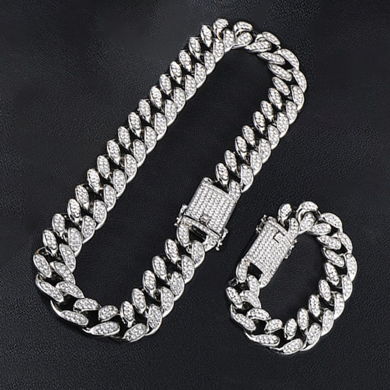 Thumbnail: Hip Hop 20MM 3pcs Set Miami Cuban Chain Necklace +Bracelet +Watch Iced Out 