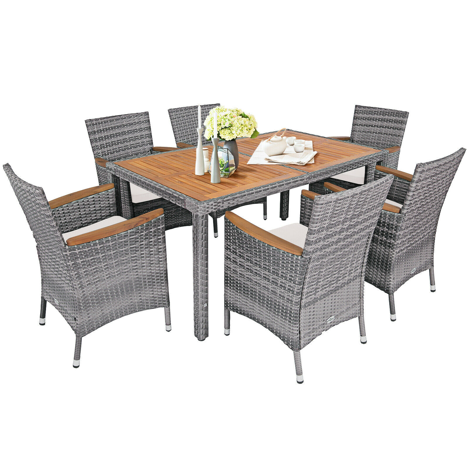 Patiojoy 7PCS Patio RattanDining Set Cushioned ChairWood Table Mix Gray HW67571+