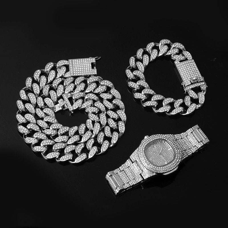 Thumbnail: Hip Hop 20MM 3pcs Set Miami Cuban Chain Necklace +Bracelet +Watch Iced Out 