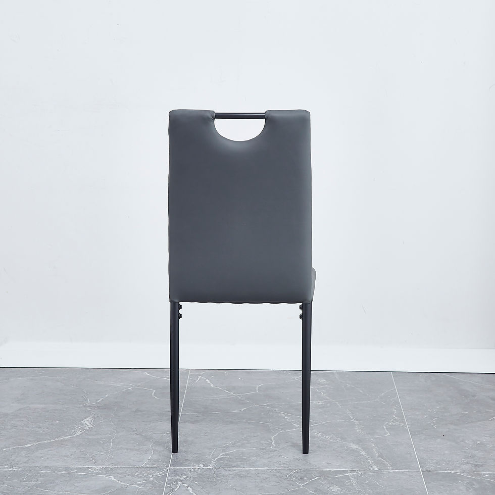 Thumbnail: A set of 4 leather dining chairs with cushion and high back, painted metal legs,