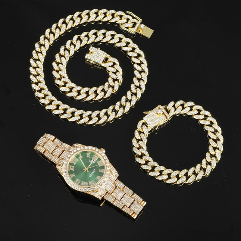 Thumbnail: Hip Hop 13MM 3PCS KIT Watch+Necklace+Bracelet Bling Crystal AAA+ Iced Out Cuban 