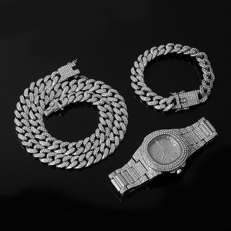 Miniatura: Necklace +Watch+Bracelet Hip Hop Miami Curb Cuban Chain Silver Color Full Iced 