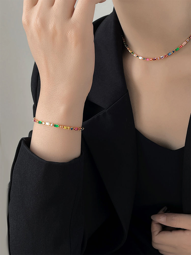 Thumbnail: Colorful Zircon Chain Necklace Bracelet Jewelry Sets Korean