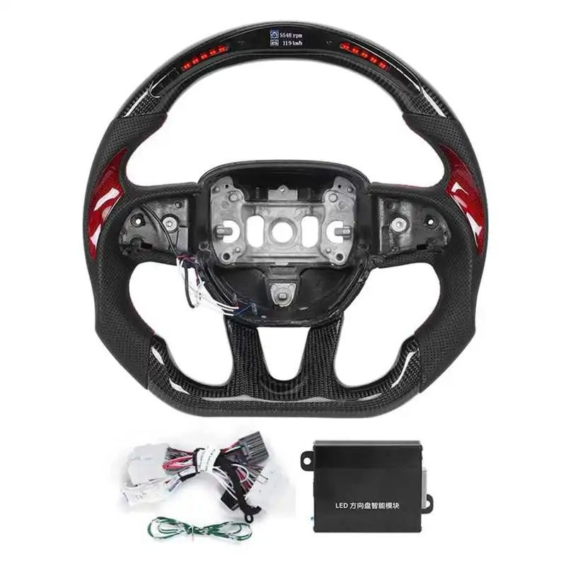 Thumbnail: LED Real Carbon Fiber Steering Wheel Perforated Leather Red For Dodge Challenger