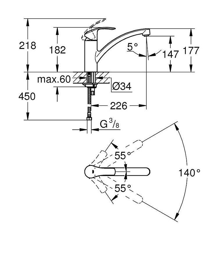 Miniatura: Plano técnico Grifería  lavaplatos monocontrol Eurosmart New Cromo