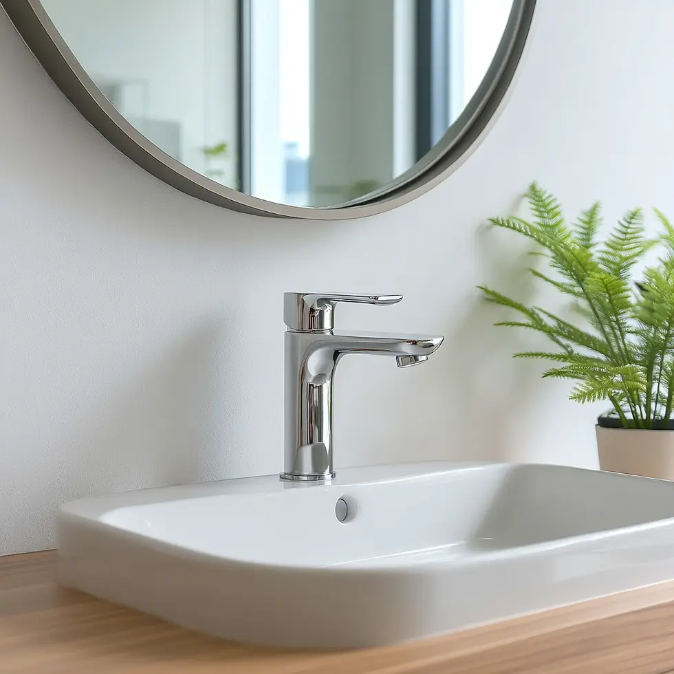 Miniatura: Baño iluminado con grifería en lavamanos de porcelana