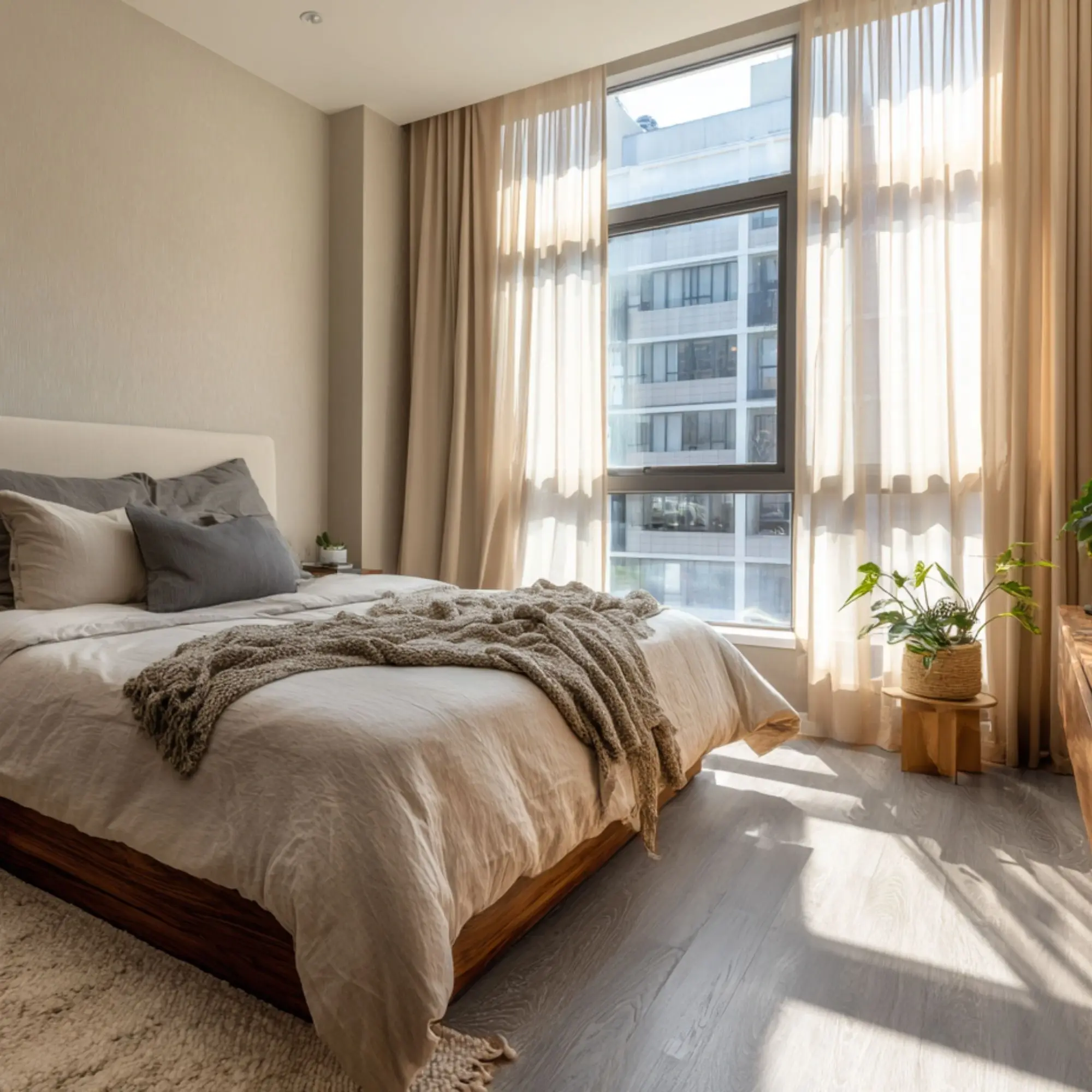 Habitación iluminada con Piso Laminado Gris 1215x197 x 8mm