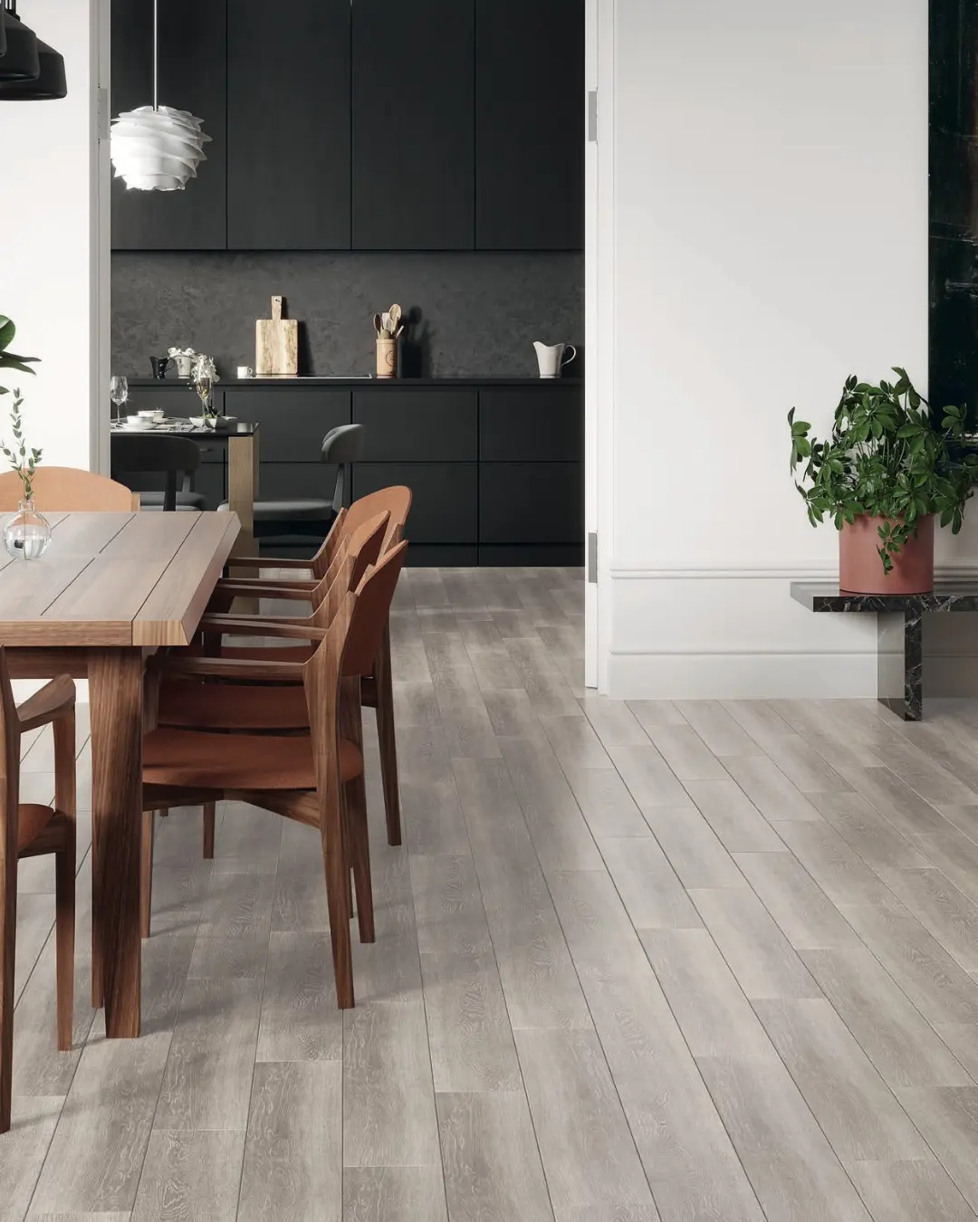 Comedor con Porcelanato Oakland Grey Natural Rect. 19x120 cm