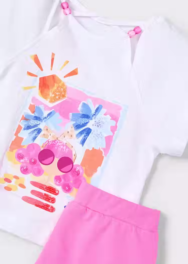 Miniatura: Detalle Conjunto Short Blusa Paisaje Blanco y Fucsia