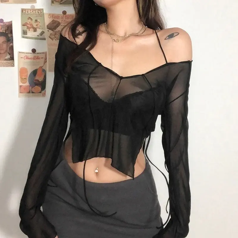 Thumbnail: Sexy Black Mesh Crop Top Women Gothic Y2K Grunge See-through Irregular Split Lon