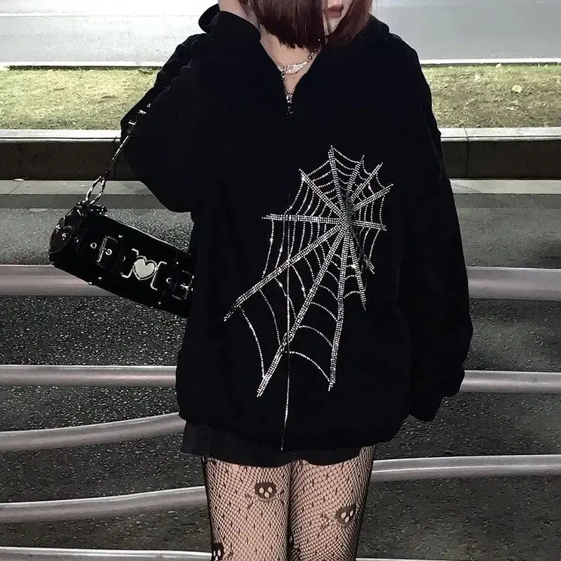 Thumbnail: Rhinestone Skeleton Gothic Black Zip Up Oversized Sweatshirts