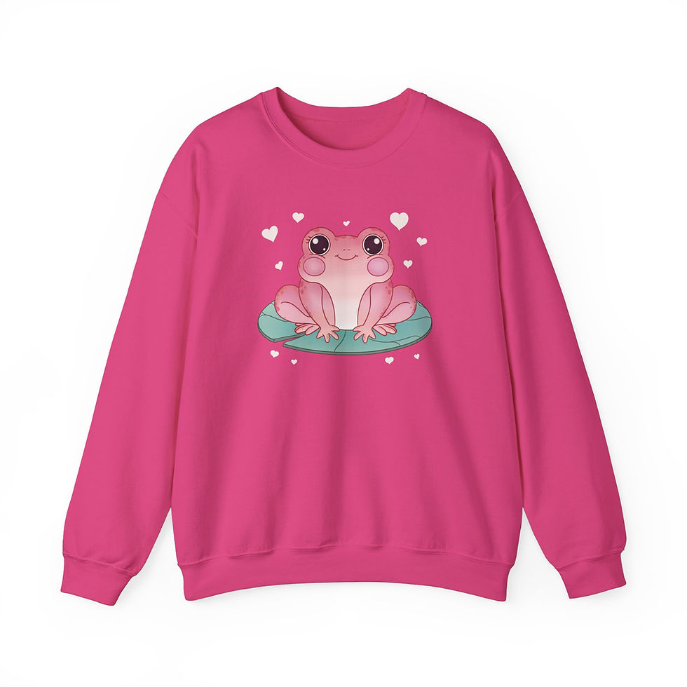 Pink crew neck sweater with cute frog on lily pad print