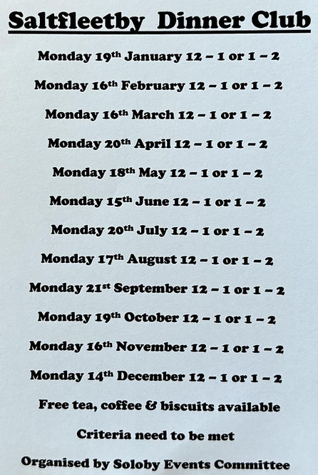 Saltfleetby Dinner Club Dates 2026: free for Saltfleetby Residents only, must be booked in advance,