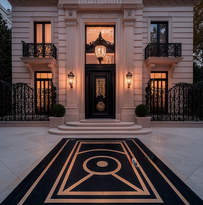 Elegant luxury mansion with grand black and gold entrance and glowing lanterns — symbolizing success, sophistication, and the