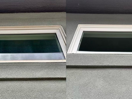 Before and after second-story window cleaning in Boise showing removal of hard water stains