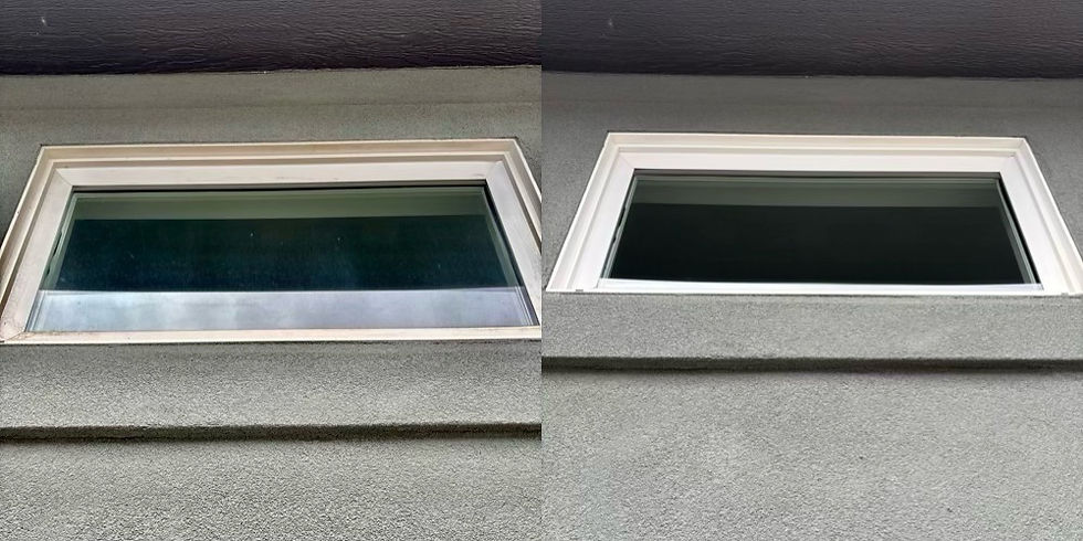 Before and after second-story window cleaning in Boise showing removal of hard water stains