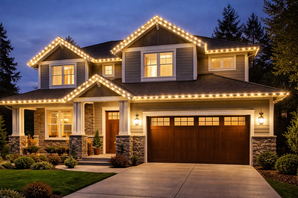 Permanent holiday lighting installed on a clean Boise home with clear gutters and glowing roofline at dusk