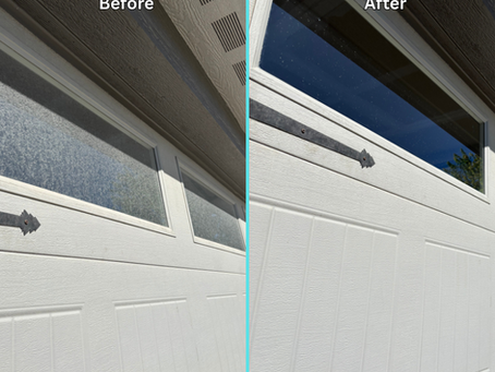 Before and after window cleaning showing dirty glass and frames restored to a clear, streak-free finish in Boise